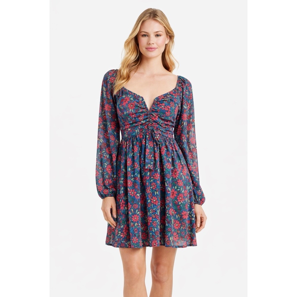 Revamped Floral Mini‎ Dress Blue Pink Tie Back Cutout Long Sleeve L